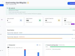 Prism Reach dashboard with credits remaining, account and posting metrics, recent batches, posting trend, and account-warming status.