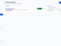 Prism Reach Posting campaigns page listing a Room For Rent campaign, recent runs, and New campaign, Edit, and Run controls.
