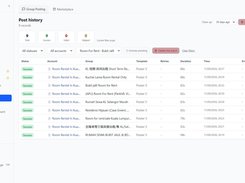 Prism Reach Post history page showing nine successful group-post records with filters, timestamps, durations, and delete controls.