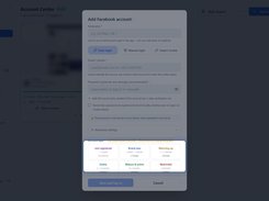 Prism Reach Add Facebook account dialog with the account-age selection cards highlighted, including Just registered, Brand new, Warming up, Stable, Mature and active, and Restricted.