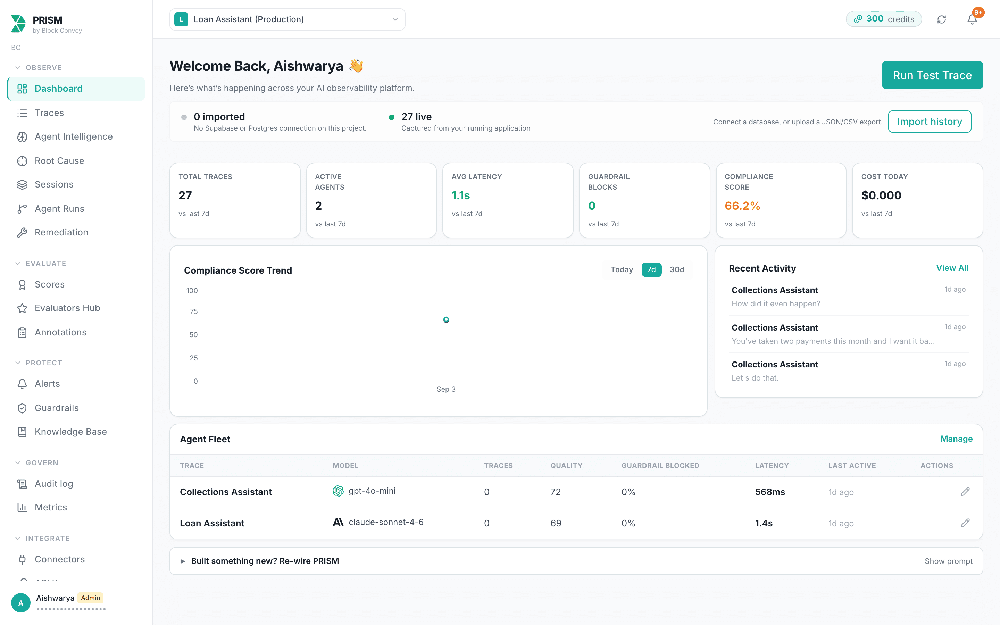 PRISM dashboard for the Loan Assistant project, showing trace, agent, latency, compliance, cost, recent activity, and agent-fleet panels.