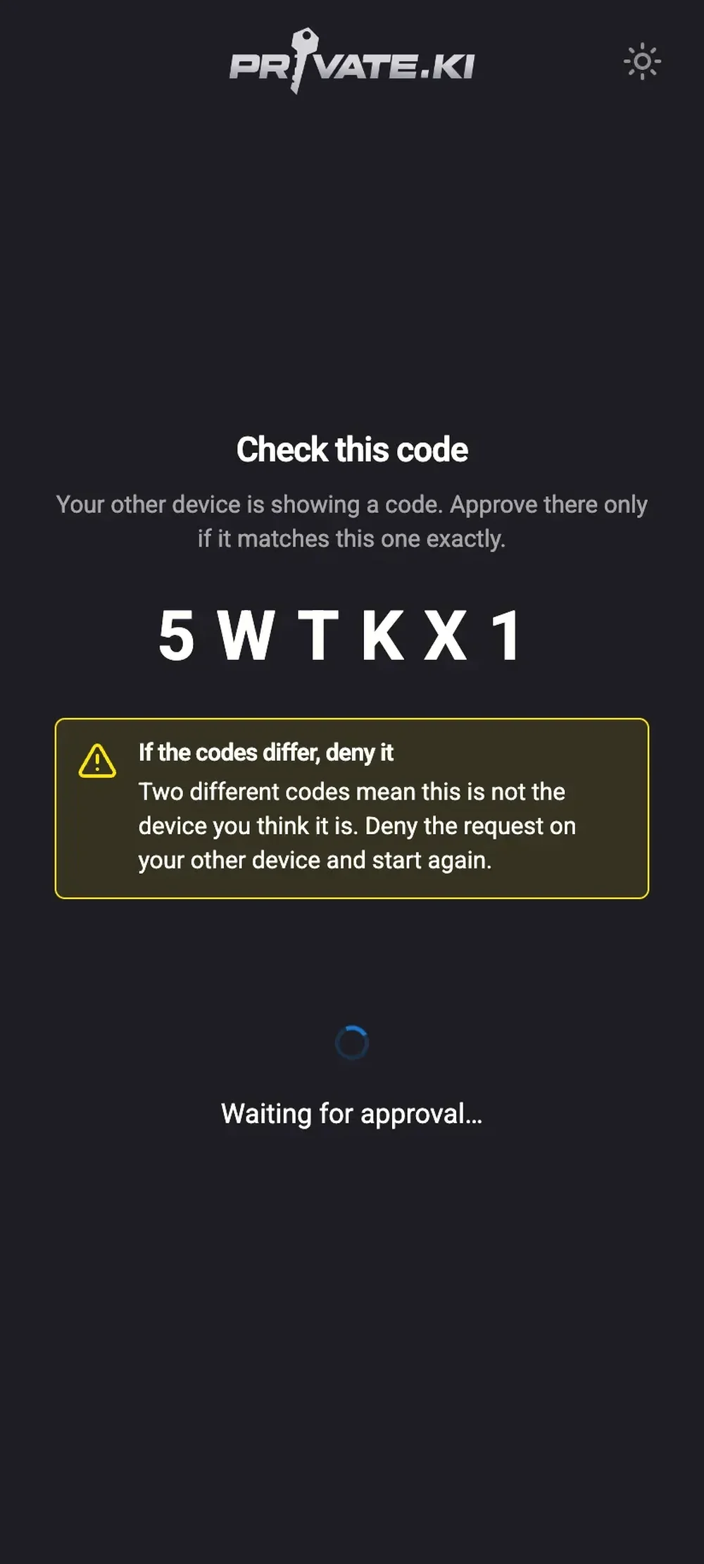 Private.Ki mobile verification screen showing the Private.Ki logo, a code-comparison warning, and a waiting-for-approval status.