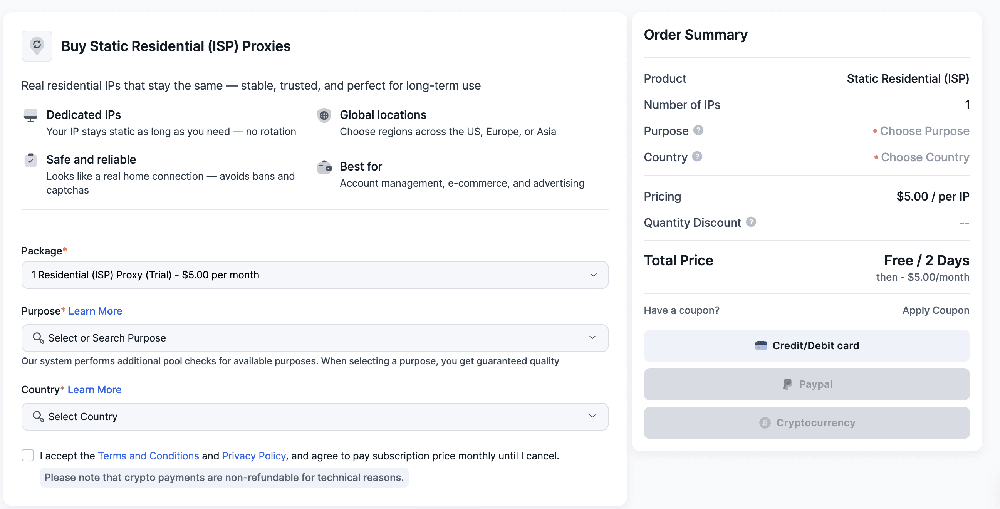 Static Residential (ISP) Proxy Purchase Flow