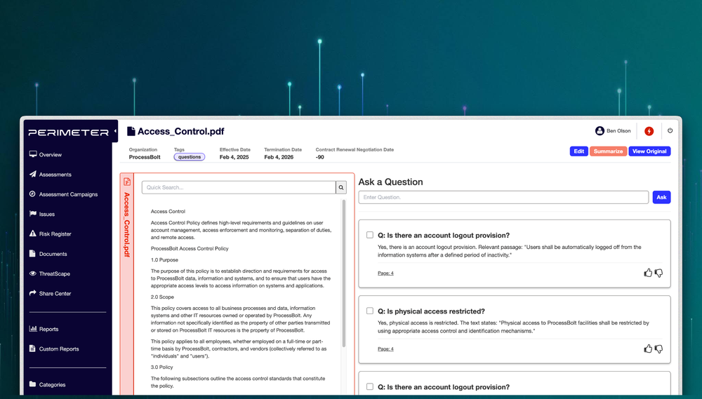 Perimeter Verify continuously monitors each vendor’s external attack surface and compares it to vendor's responses - exposing gaps and delivering a real-time view of vendor risk.