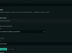 Automation editor showing a “Welcome new buyers” workflow triggered by a purchase and configured to send an email.