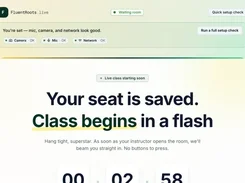 FluentRoots.live waiting-room page showing camera, microphone, and network checks above a class-starting countdown.
