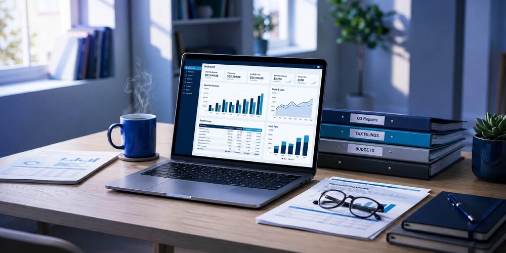 A laptop on a desk displays a financial dashboard with revenue figures, bar charts, a line chart, and tables.