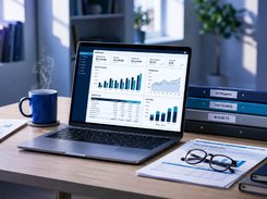 A laptop on a desk displays a financial dashboard with revenue figures, bar charts, a line chart, and tables.