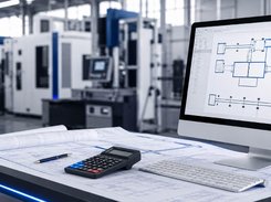 A desktop monitor in a factory setting displays a blue-line engineering or process-flow schematic.
