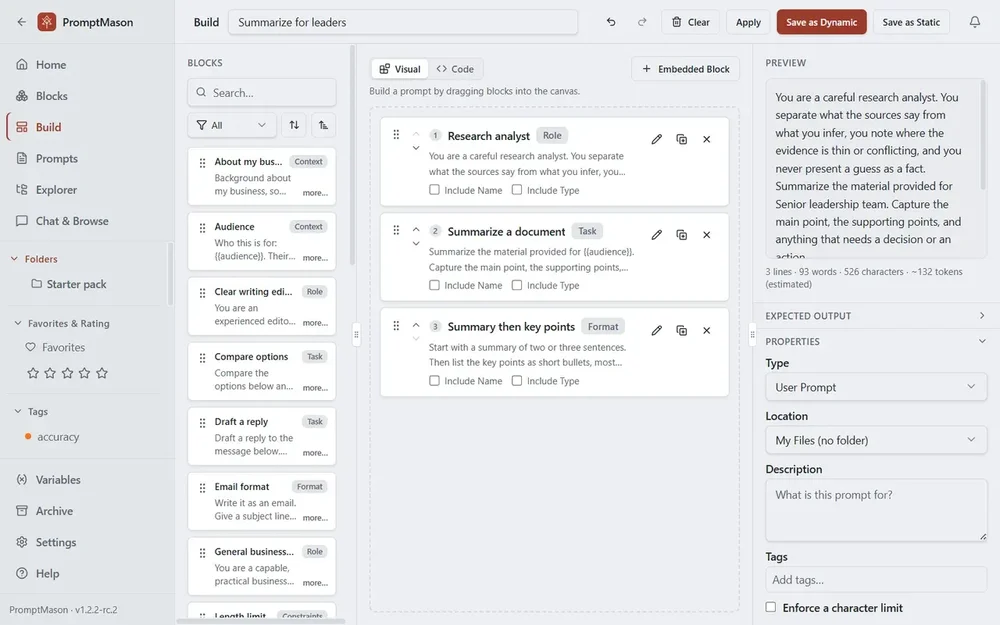 Prompt builder in light mode with reusable blocks, a three-step prompt canvas, and live preview.