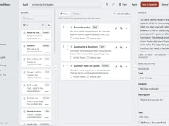 Prompt builder in light mode with reusable blocks, a three-step prompt canvas, and live preview.