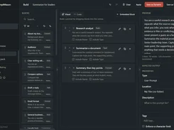 Prompt builder in dark mode with reusable blocks, a three-step prompt canvas, and live preview.