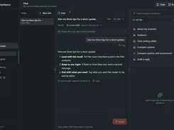 Chat workspace in dark mode showing a local-model response and searchable prompt library.