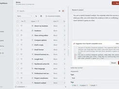 Blocks library in light mode with a research-analyst block and AI revision suggestion.