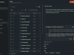 Blocks library in dark mode with a research-analyst block and AI revision suggestion.