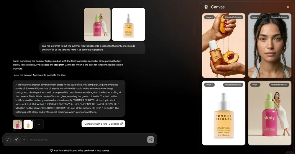 A dark PromptWise canvas shows a chat prompt, product-image references, and a panel of uploaded reference images for generating a product advertisement.