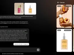 A dark PromptWise canvas shows a chat prompt, product-image references, and a panel of uploaded reference images for generating a product advertisement.