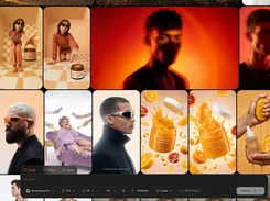 A dark PromptWise gallery interface displays a grid of generated portraits and product images with image-generation controls along the bottom.