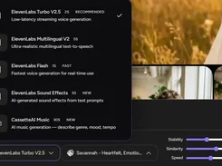 A dark PromptWise interface shows a dropdown of AI audio models, voice controls, and sliders for stability, similarity, and speed.