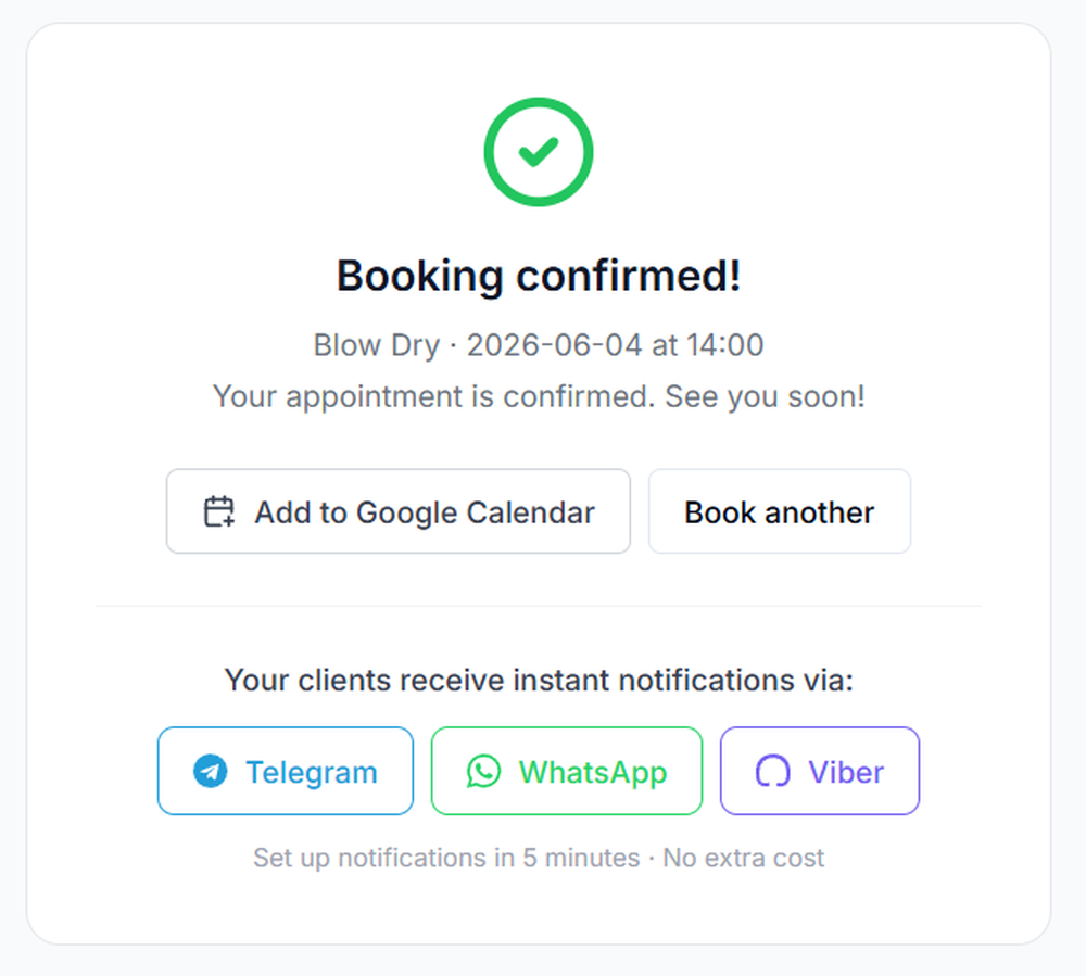Instant booking confirmation screen shown to the client after they book online. Includes one-click setup for free automatic reminders via Telegram, WhatsApp and Viber — no extra cost, no per-message fees.
