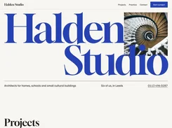 Halden Studio architecture website homepage with large blue “Halden Studio” text, a spiral-stair image, and navigation links.