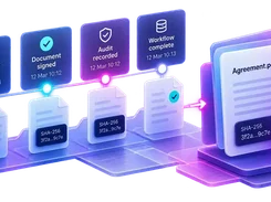 A stylized document workflow progresses from invite sent through viewing, signing, audit recording, and completion to a compliant Agreement.pdf.