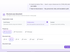 AI-Powered Document Creation: Create documents with flexible AI generation modes, choose the output format, document size, and structure before drafting.