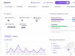 Proposal Analytics & Reports: Track document sessions, reader engagement, completion rates, average viewing time, and geographic activity from one dashboard.