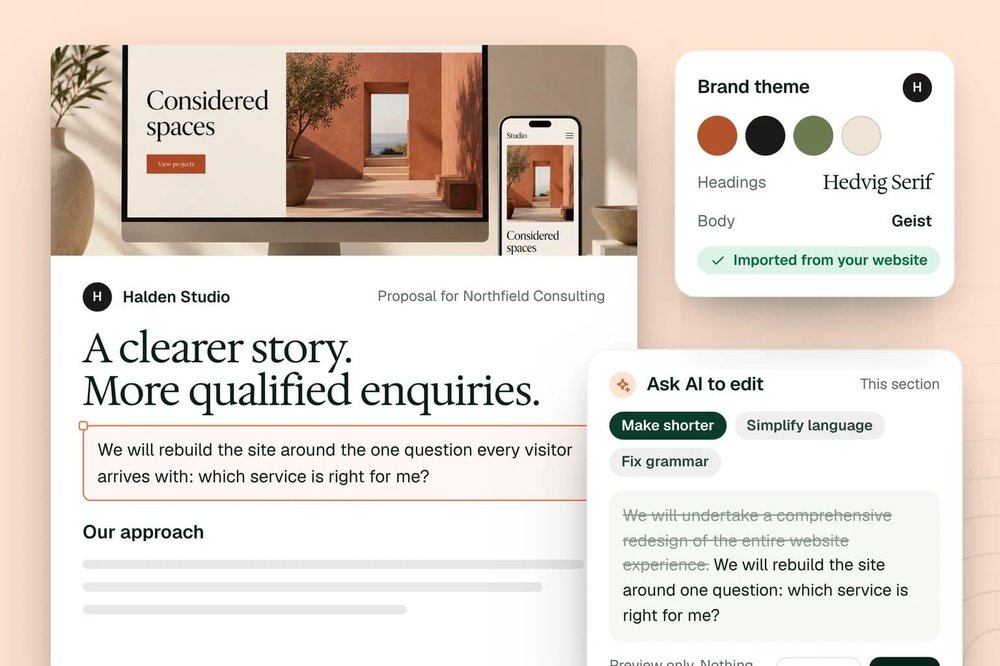 A proposal editor showing a branded website-design proposal, imported brand theme colors and fonts, and AI editing options.