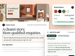 A proposal editor showing a branded website-design proposal, imported brand theme colors and fonts, and AI editing options.