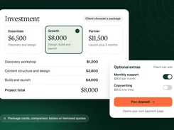 An investment section with three selectable service packages, itemized pricing, optional extras, and a pay-deposit button.