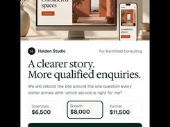 A proposal screen for Halden Studio showing a website mockup, service-package prices, and a “Review and sign” button.