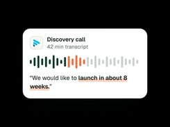 A discovery-call transcript card with an audio waveform and highlighted text about launching in eight weeks.