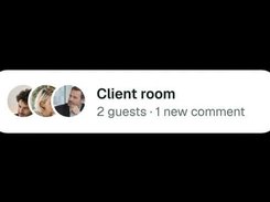 A client-room notification card with three small profile avatars and text indicating two guests and one new comment.
