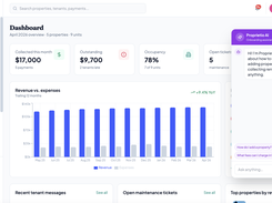 Proprietio Property Management dashboard showing monthly payment, outstanding balance, occupancy, revenue and expense chart, left-side navigation, and an open Proprietio AI assistant chat panel.