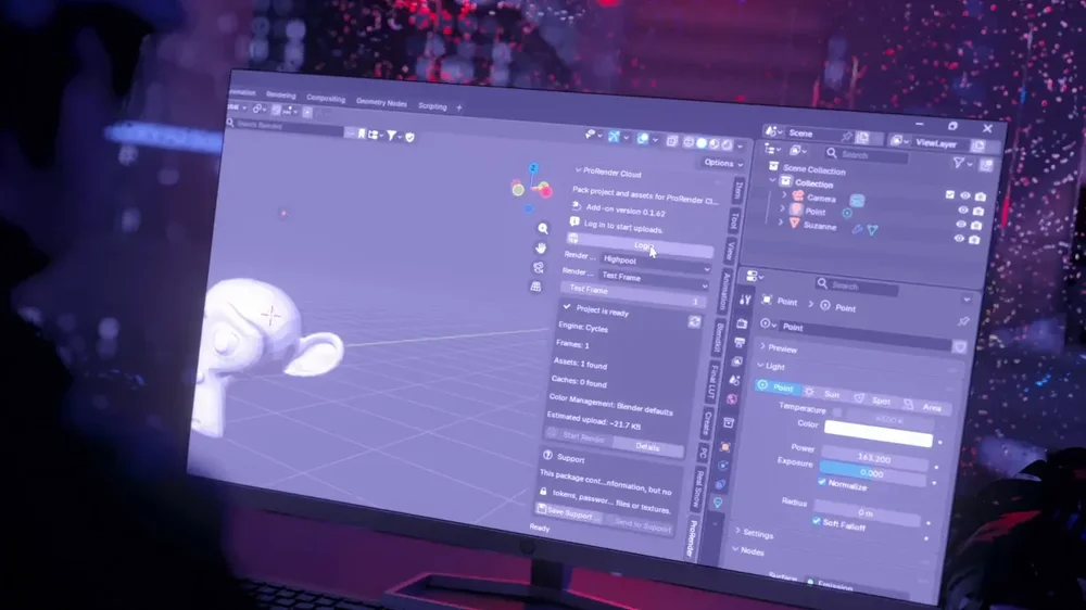Blender interface with the ProRender Cloud panel for packing and submitting a render project.