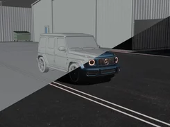 Diagonal comparison of a vehicle scene in gray viewport style and finished nighttime render.