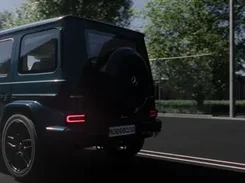 Finished render of a dark SUV driving beside industrial buildings.