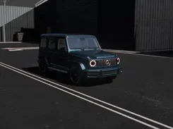 Finished render of a dark SUV on an industrial street.
