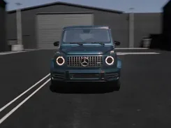 Front-view finished render of a dark SUV in an industrial setting.