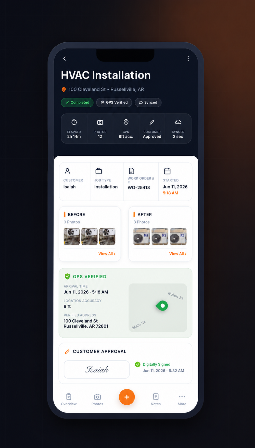ProTechCam mobile job overview for an HVAC installation, showing completion and sync status, before-and-after photos, GPS verification, work-order details, and customer approval.