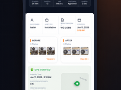 ProTechCam mobile job overview for an HVAC installation, showing completion and sync status, before-and-after photos, GPS verification, work-order details, and customer approval.