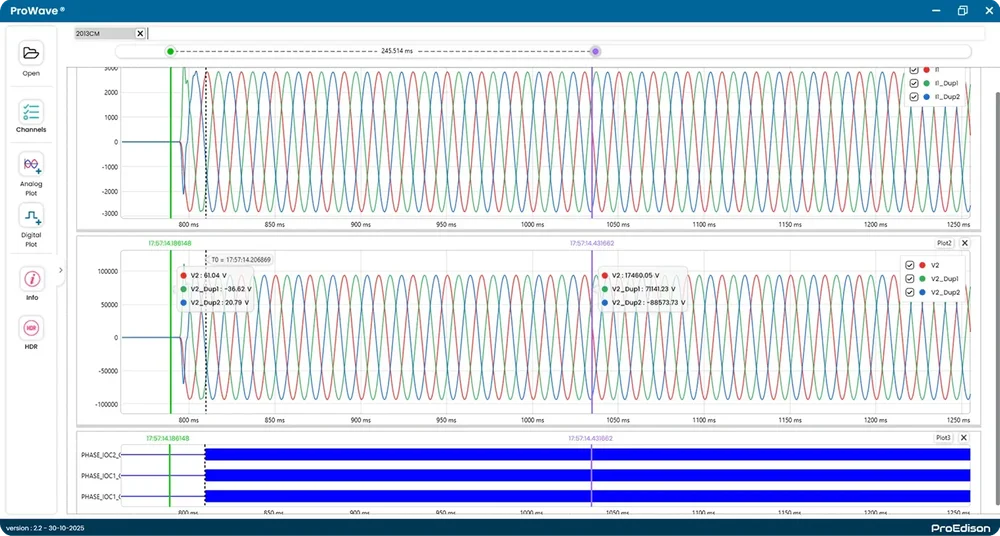 ProWave COMTRADE Viewer displaying analog waveforms, measurement cursors, and digital channels.