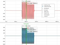 Waveform analysis screen with a right-click plot menu and signal measurements.