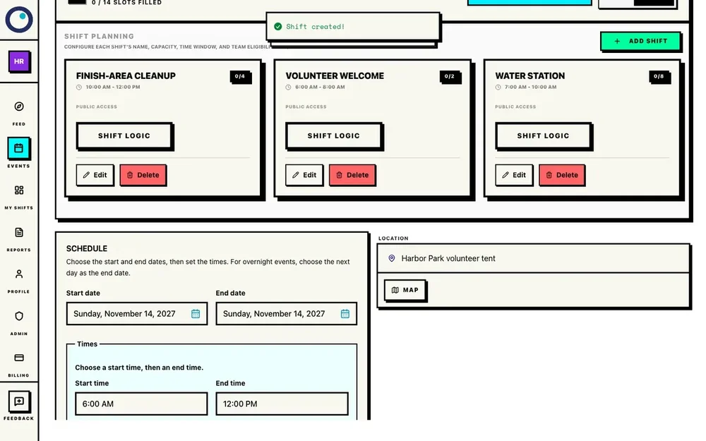Shift Planning page showing Finish-Area Cleanup, Volunteer Welcome, and Water Station shift cards with capacities and controls.