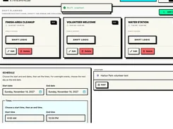 Shift Planning page showing Finish-Area Cleanup, Volunteer Welcome, and Water Station shift cards with capacities and controls.