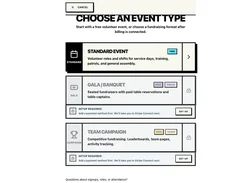 Event-management interface showing a “Choose an event type” page with Standard Event, Gala/Banquet, and Team Campaign options.
