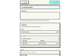 Event creation form with title and description fields, schedule date and time controls, and a location search field.
