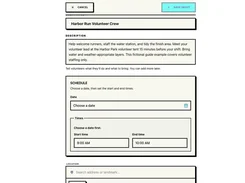Event creation form populated with the title “Harbor Run Volunteer Crew” and a volunteer-event description, with schedule controls.