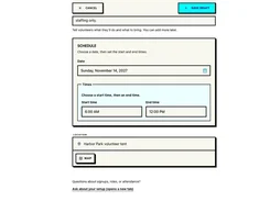 Event scheduling form showing a November 14, 2027 date, 6:00 AM to 12:00 PM time range, and Harbor Park volunteer tent location.